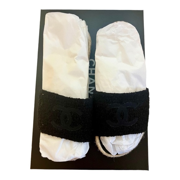 Chanel Interlocking CC Espadrille Tweed and Grosgrain Black Slide Sandal size 35 - Picture 10 of 16